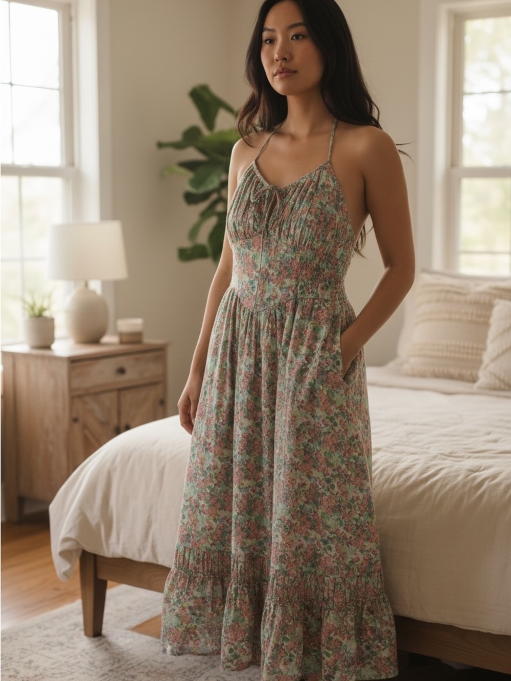 American Eagle Outfitters Floral Maxi Dress in Green and Pink - Picture 1 of 11